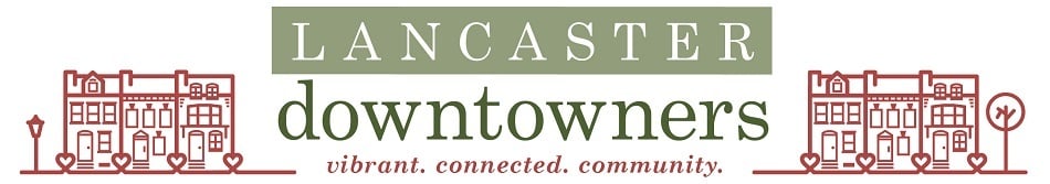 Header image for Lancaster Downtowners showing the name of the organization a hand drawn townhomes symbolizing the urban Aging-in-Place concept